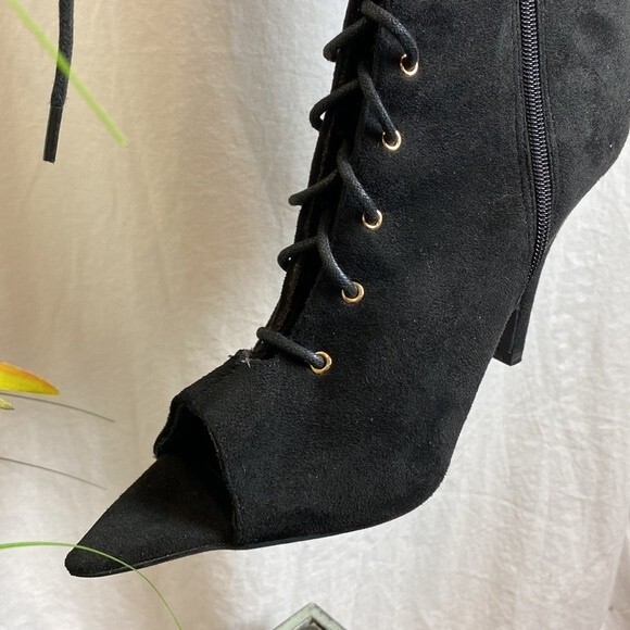FTF Nadia Black Faux Suede Lace Up Thigh High Open Point Peep Toe Heel Boots 11 - Picture 4 of 11